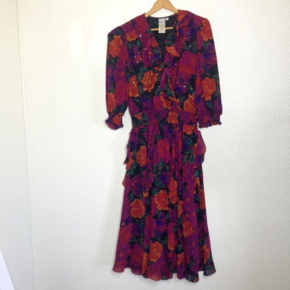 Vintage Cottagecore Montage By Mosaic Dress  Large Floral Chiffon Ruffle 80s